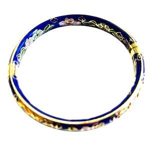 Cloisonne bangle bracelet goldtone blue enamel clamper style pink green flowers
